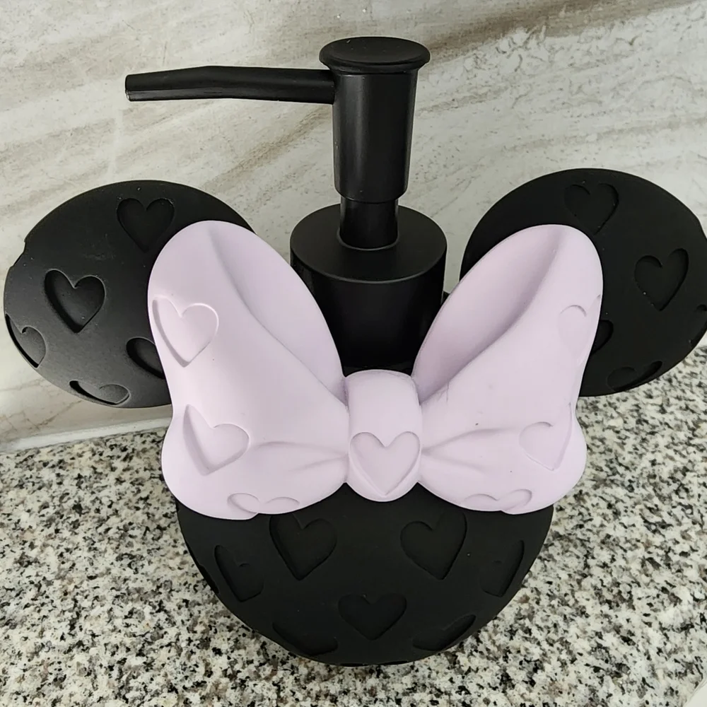 NWT Disney Minnie Mouse Black Soap Dispenser 6in Purple Heart Bow Lotion Pump